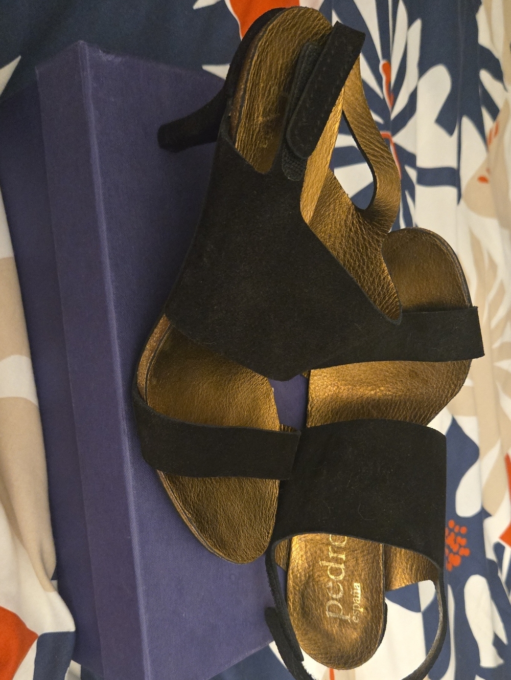 Pedro Garcia Black Suede Heeled Sandals with Gold Insole